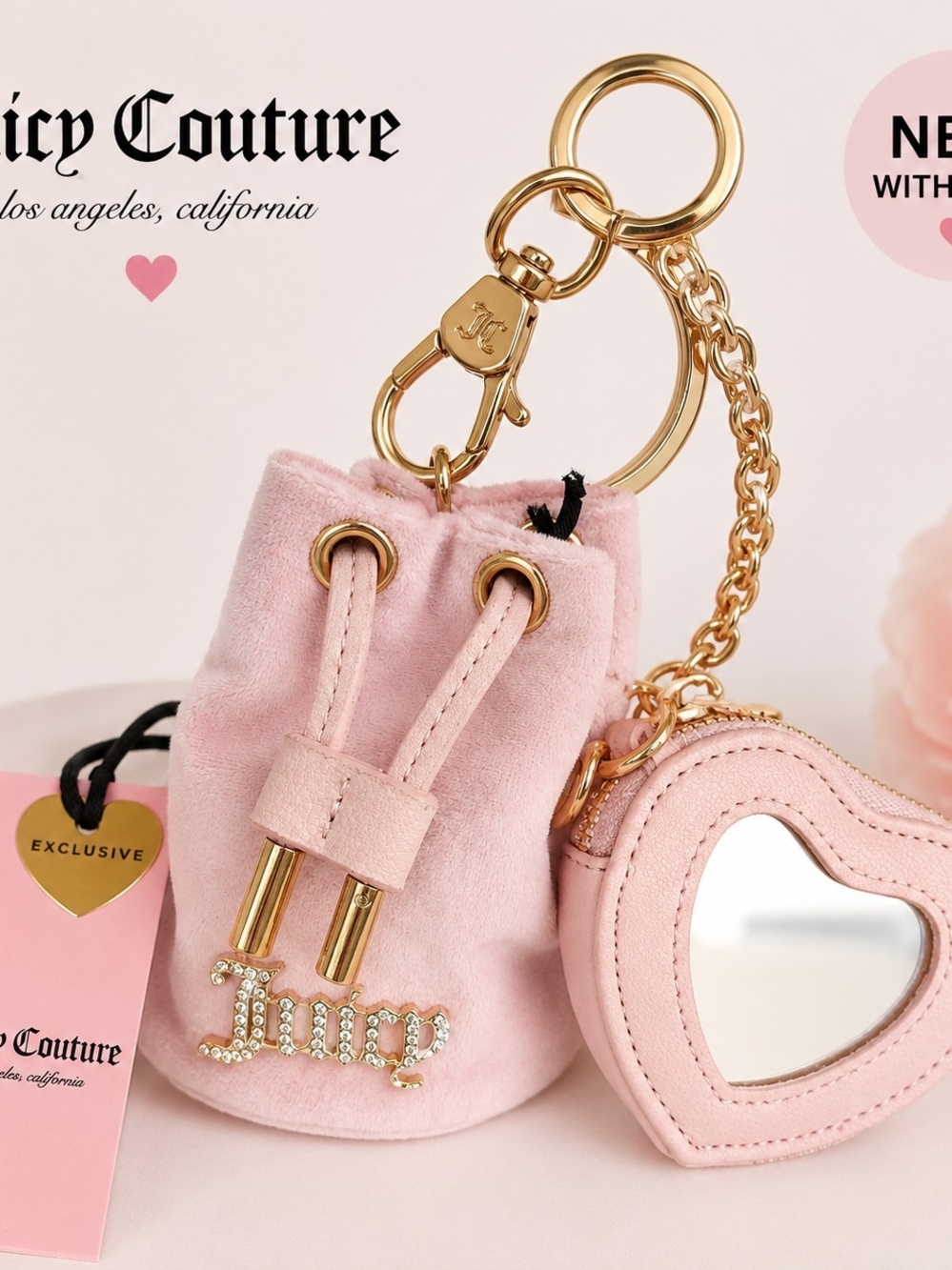 NWT Juicy Couture Pink Velour Mini Bucket Bag Keychain Mirror Coin Purse Charm